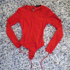 Basic Red Crew Neck Long Sleeve Bodysuit with Criss Cross Back Detail